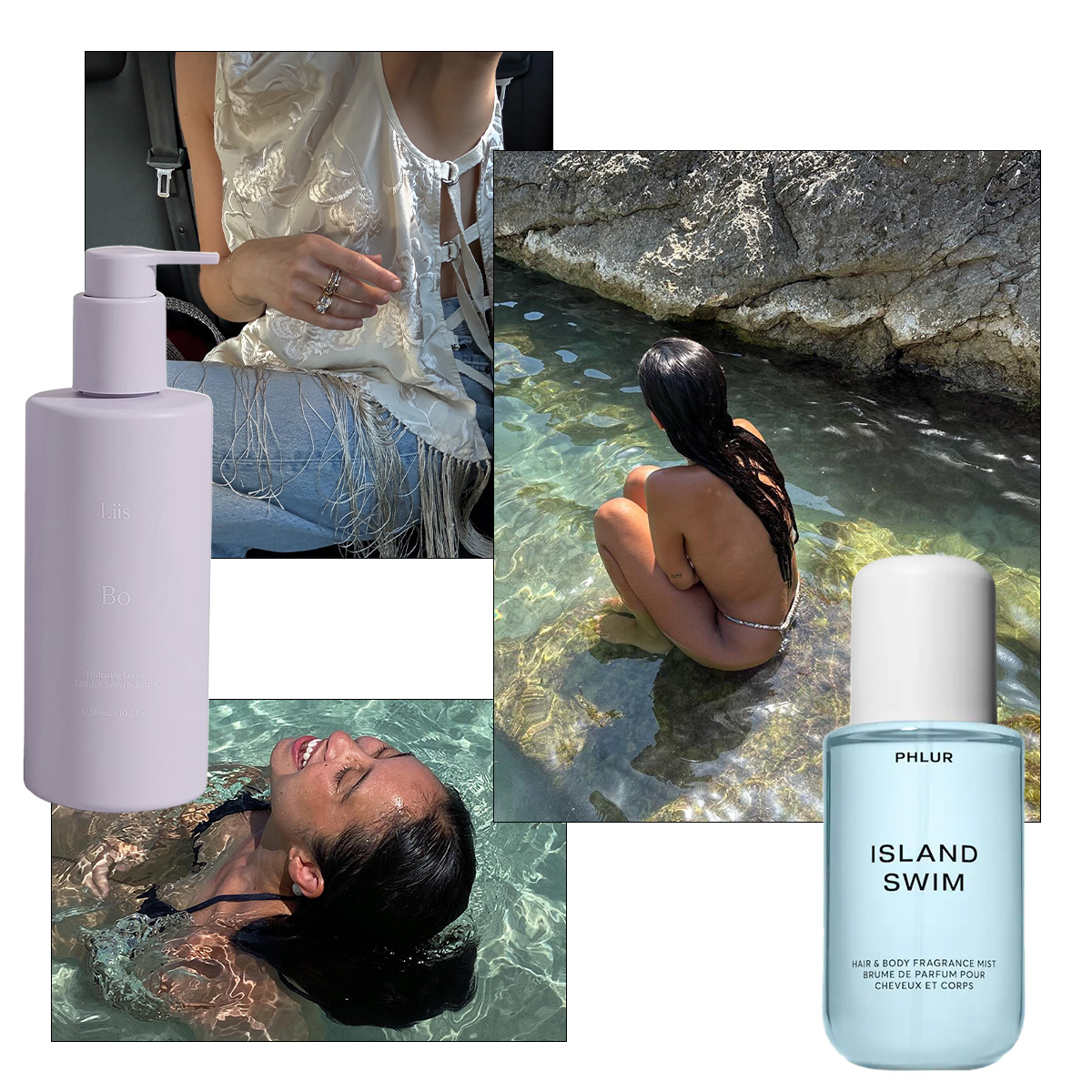 Photo collage of women in the ocean and wearing summer dresses with perfume bottles 