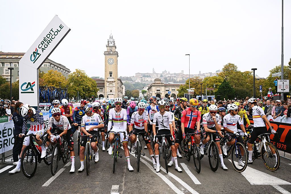BERGAMO, ITALY - OCTOBER 10: (L-R) Quinn Simmons of United States and Team Lidl - Trek, Isaac Del Toro of Mexico and UAE
