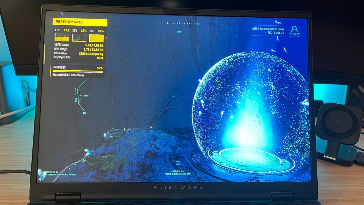 Alienware M16 R2 gaming laptop screen running Returnal
