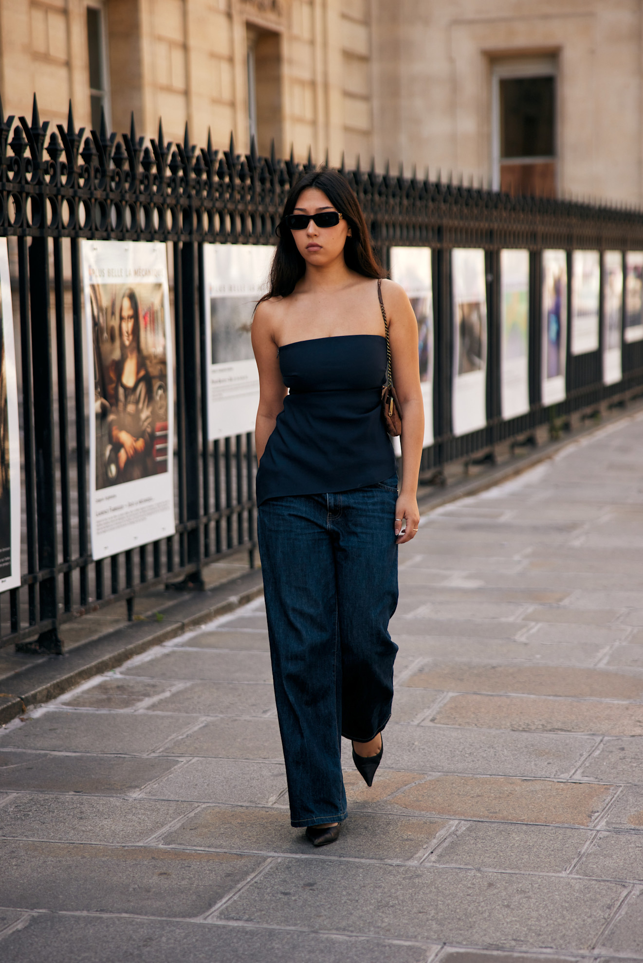 A woman wearing a tube top outfit