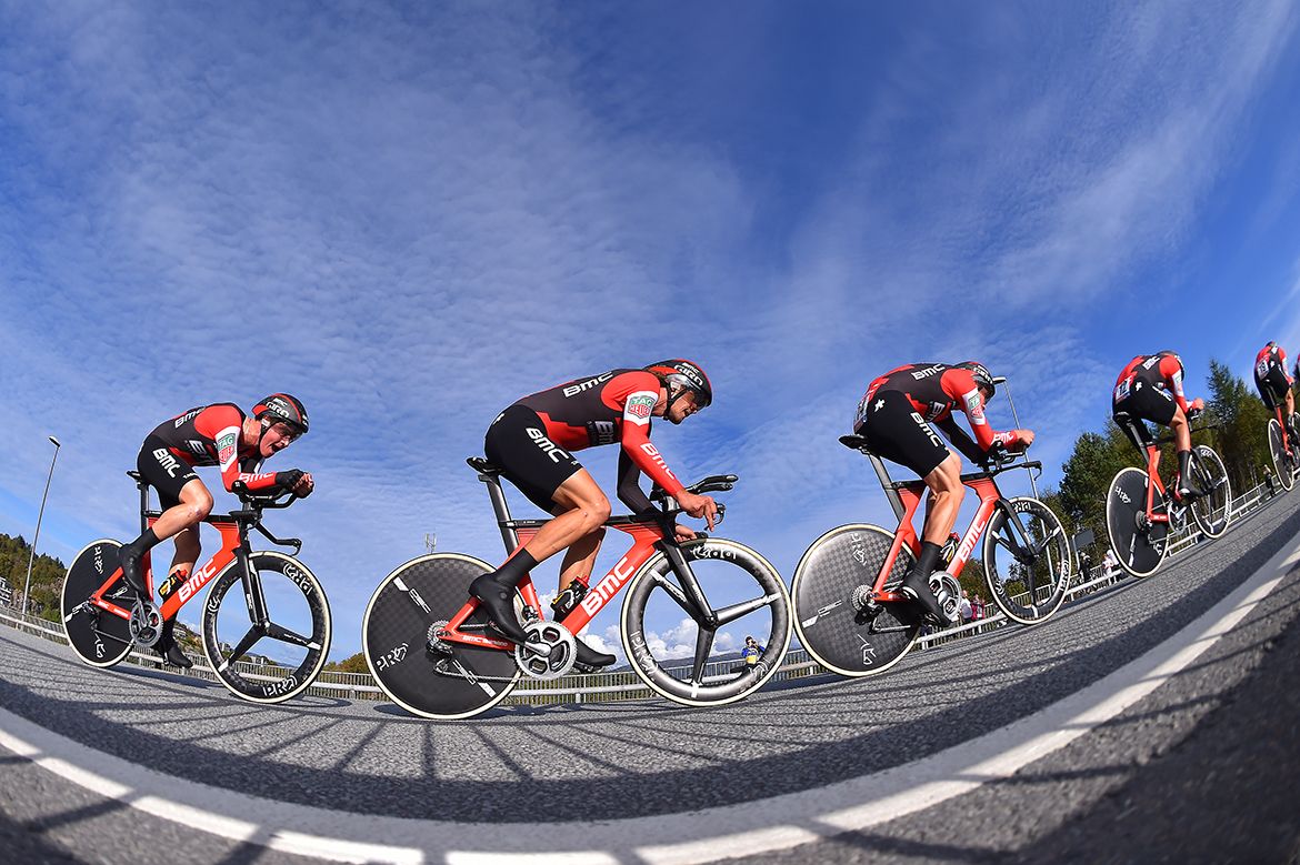 BMC out on the course for the the men's World Championship TTT