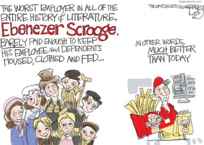 Editorial cartoon U.S. Scrooge fast food worker