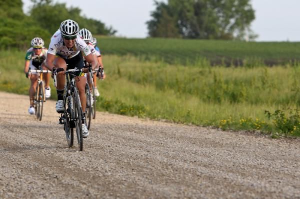 Chloe Hoskins (HTC-Highroad) leading the women's field back into town.