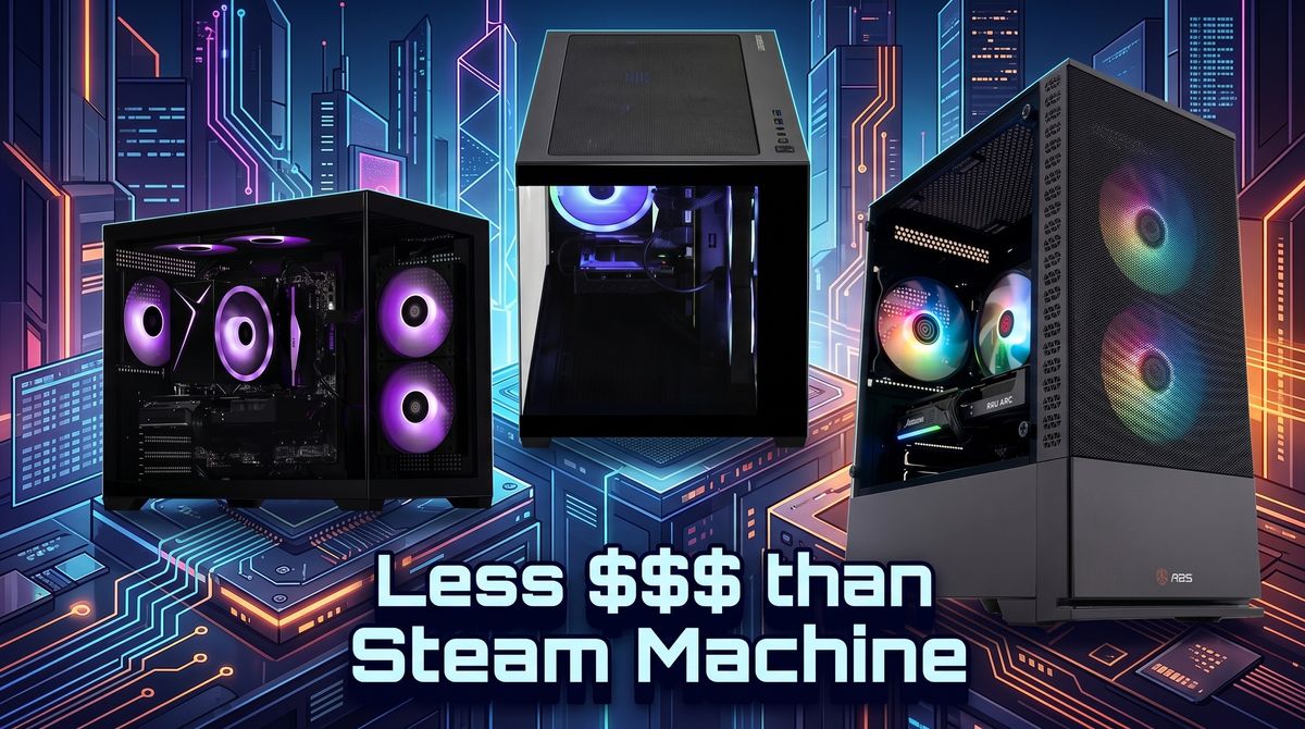 Three gaming computer towers are displayed with colorful fans against a futuristic city background, featuring the text: "Less $$$ than Steam Machine."