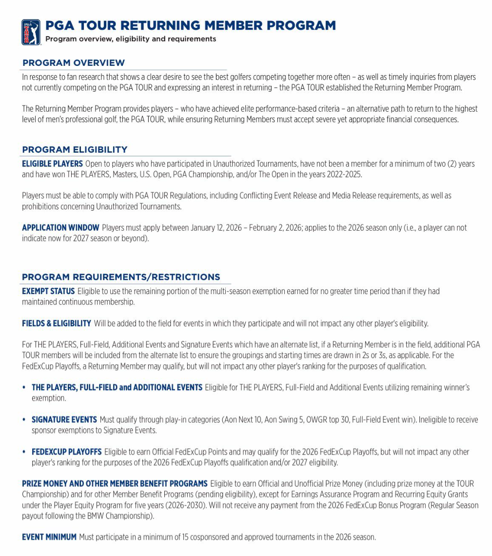 PGA Tour Returning Member Program document