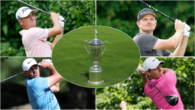 Four golfers pictured and the US Open trophy in a montage