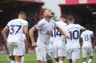 Dejan Kulusevski of Tottenham Hotspur celebrates after scoring the team's second goal during the Premier League match between AFC Bournemouth and Tottenham Hotspur at Vitality Stadium on August 26, 2023 in Bournemouth, England.