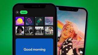 Two phones on as green background showing the Spotify app