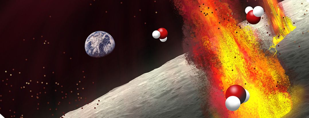 Fire flies off of moon&#039;s surface with water molecules indicated around it