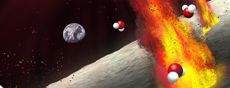 Fire flies off of moon's surface with water molecules indicated around it