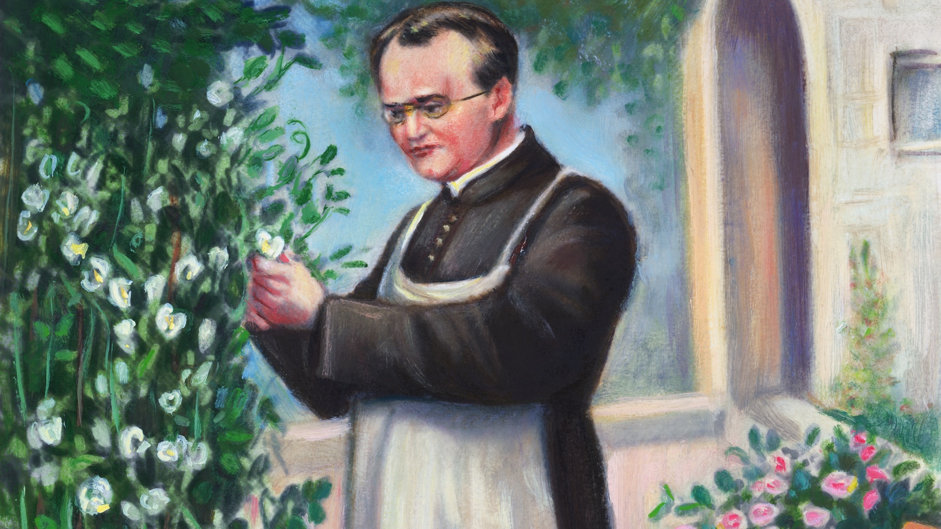 a painting of a man working in a garden