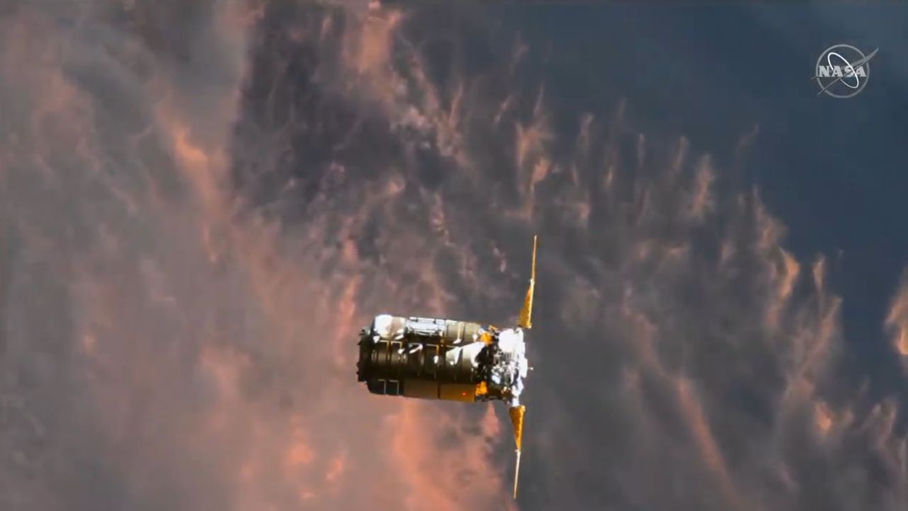 The Northrop Grumman Cygnus NG-15 cargo ship arrives at the International Space Station on Feb. 22, 2021 in this view from a camera on the station's exterior.