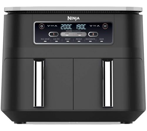 Ninja Foodi Dual Zone Digital Air Fryer, 2 Drawers, 7.6L, 6-in-1, Uses No Oil, Air Fry, Max Crisp, Roast, Bake, Reheat, Dehydrate, Cooks 4-6 Portions, Non-Stick, Dishwasher Safe Baskets, Black AF300UK