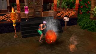 Sims 4 character examining fire