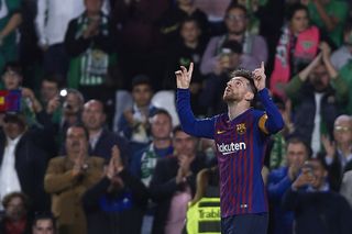 Lionel Messi is applauded by Real Betis fans after scoring Barcelona's fourth goal in a 4-1 win at the Benito Villamarin in 2019.
