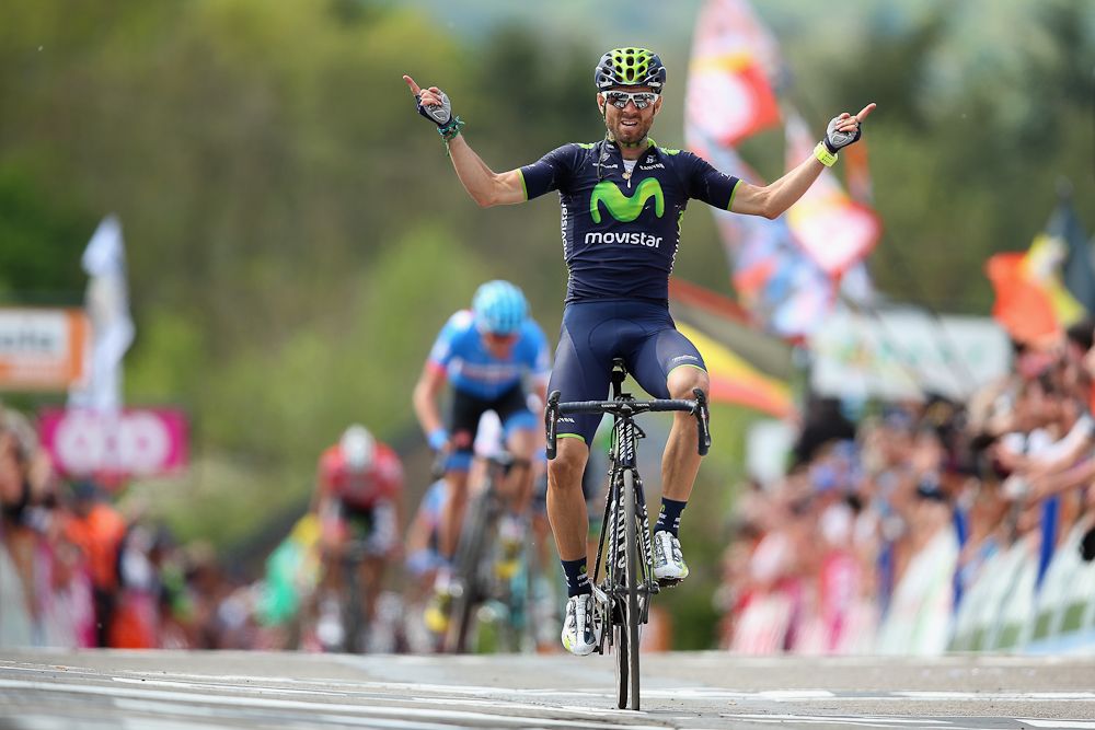 Alejandro Valverde (Team Movistar) celebrates crossing the finish line to win the 78th edition of the La Fleche Wallonne in 2014.