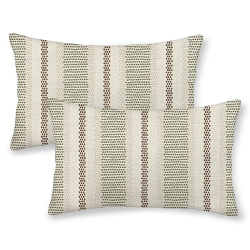 Boho Pillow Covers 12x20 Set of 2 Sage Green Brown Stripes Throw Pillow Covers Outdoor Decoration Modern Abstract Decorative Pillowcase Farmhouse Lumbar Linen Cushion Case Decor for Couch Sofa