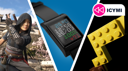 A Lego Pikachu tail next to a Pebble OS watch and a screenshot of Assassin's Creed Shadow