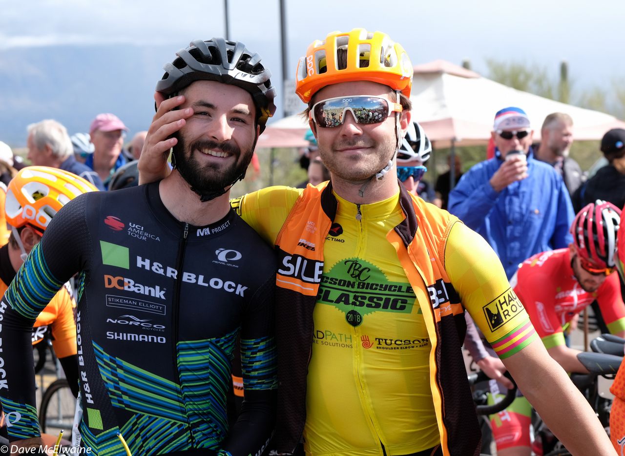 GC leader Alec Cowan (Silber Pro Racing) having a laugh with an H&amp;R rider before the start of the circuit race.