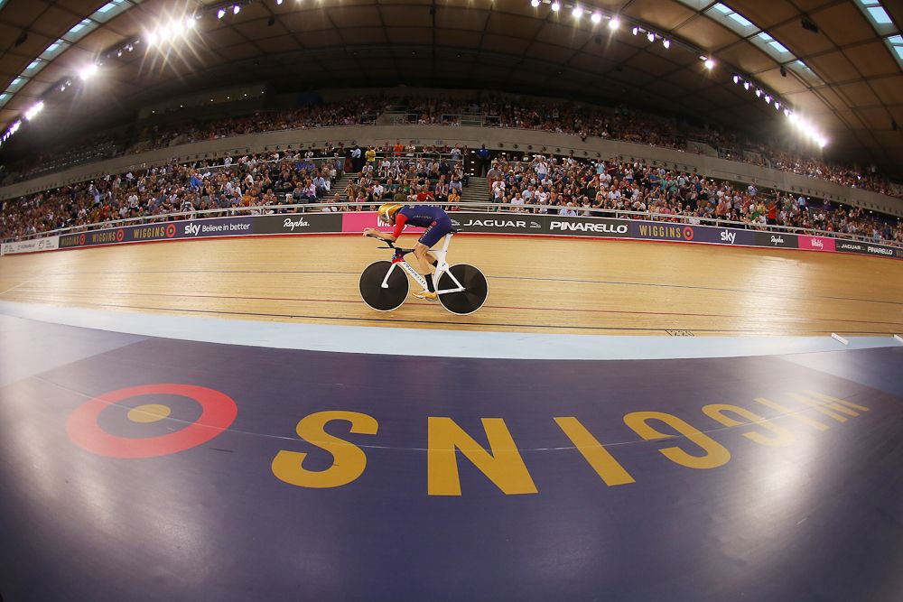 Bradley Wiggins celebrates breaking the UCI Hour Record at Lee Valley Velopark Velodrome in London.