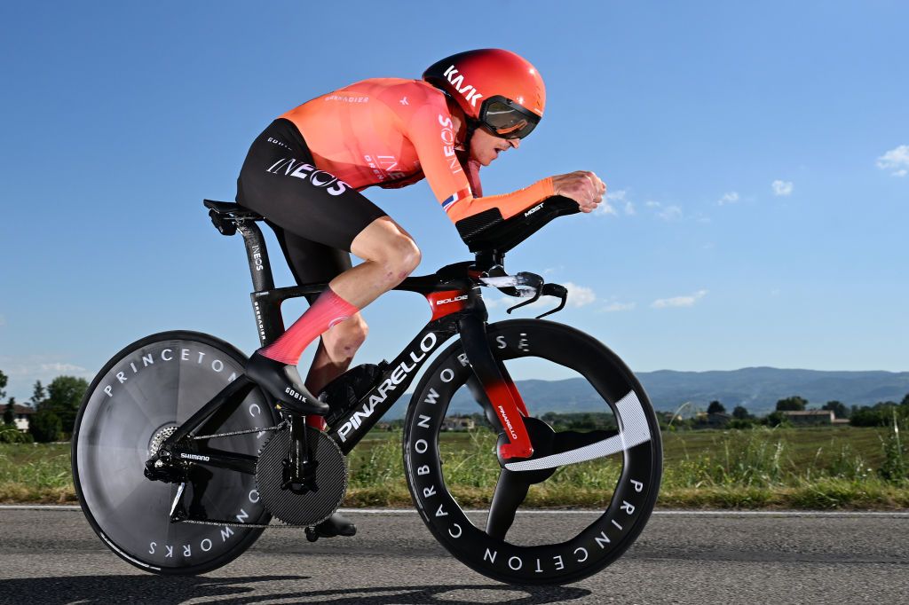 PERUGIA ITALY MAY 10 Geraint Thomas of The United Kingdom and Team INEOS Grenadiers sprints during the 107th Giro dItalia 2024 Stage 7 a 406km individual time trial stage from Foligno to Perugia 472m UCIWT on May 10 2024 in Perugia Italy Photo by Tim de WaeleGetty Images