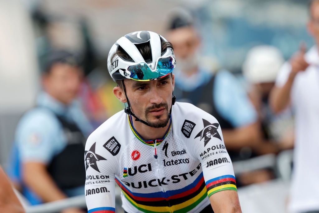 LLEX FRANCE AUGUST 11 Julian Alaphilippe of France and Team QuickStep Alpha Vinyl crosses the finish line during the 34th Tour de lAin 2022 Stage 3 a 131km stage from Plateau dHauteville to Llex 904m TDA22 on August 11 2022 in Llex France Photo by Bas CzerwinskiGetty Images