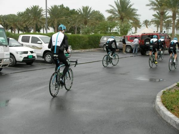 Team Sky set off for a training ride after a light shower in Qatar