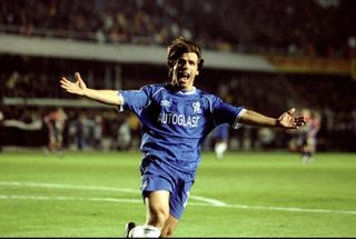Gianfranco Zola celebrates after scoring for Chelsea against Galatasaray in the Champions League in October 1999.