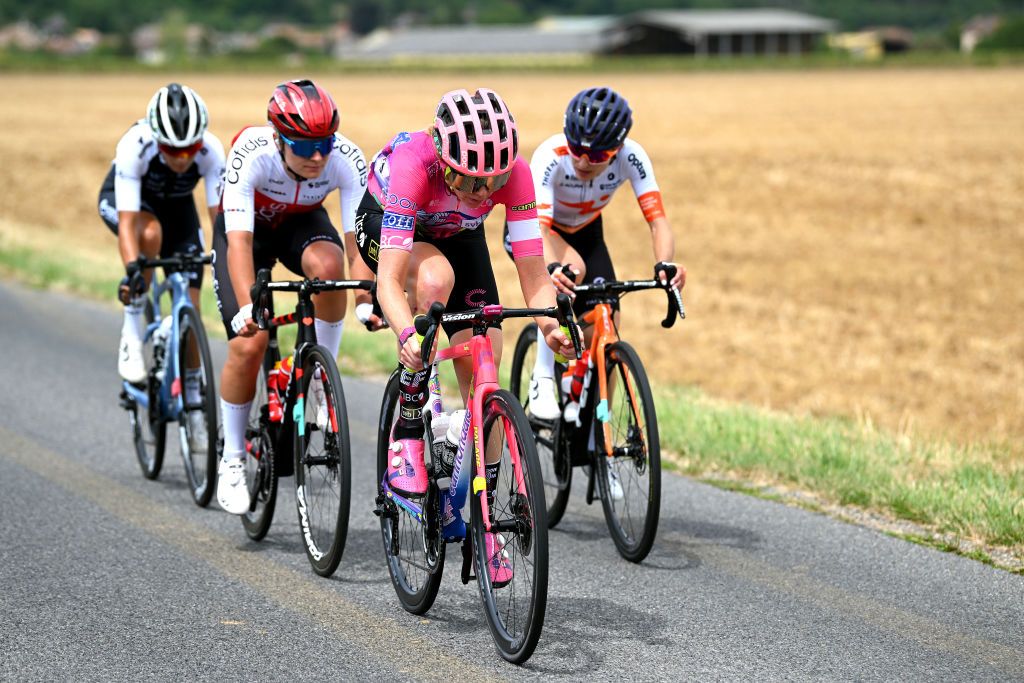 SAINTDIDESVOSGES FRANCE JULY 28 Emily Newsom of United States and Team EF Education Tibco Svb competes in the breakaway during the 1st Tour de France Femmes 2022 Stage 5 a 1756km stage from BarleDuc to SaintDidesVosges TDFF UCIWWT on July 28 2022 in SaintDidesVosges France Photo by Dario BelingheriGetty Images