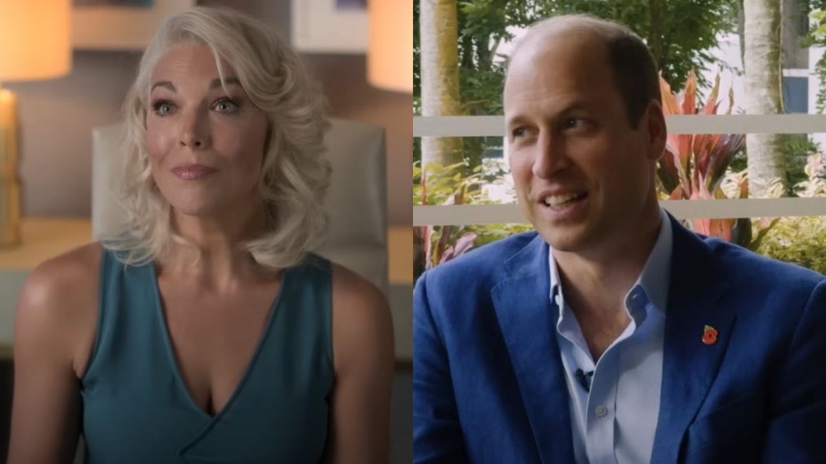 From left to right: Hannah Waddingham looking up in Ted Lasso and Prince William smiling and looking to his left during an interview.