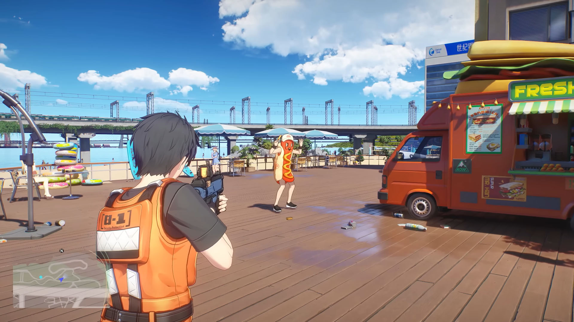 Captain has a gun raised at character in a hot dog mascot costume who has their arms up on a Nova City boardwalk in Ananta, from the PlayStation gameplay trailer