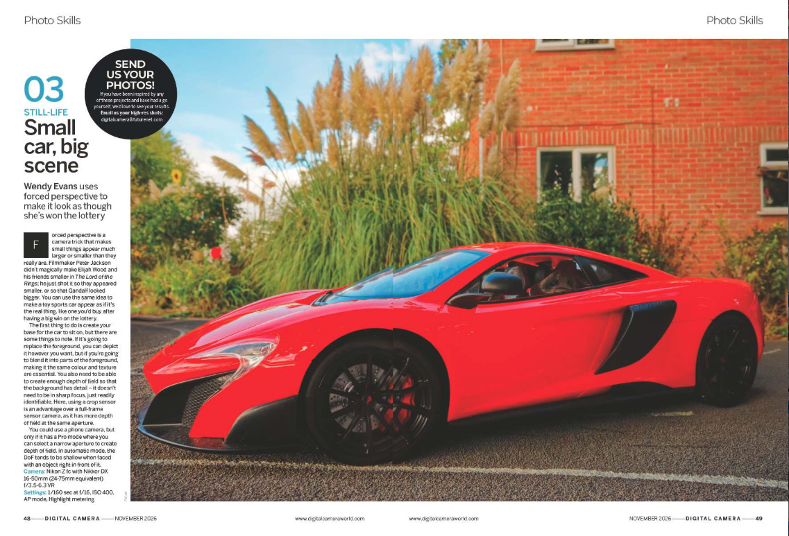 Image showing the first two pages of a Photo Skills project in issue 313 (November 2026) of Digital Camera magazine, how to make a toy car look real, using the forced perspective photography technique
