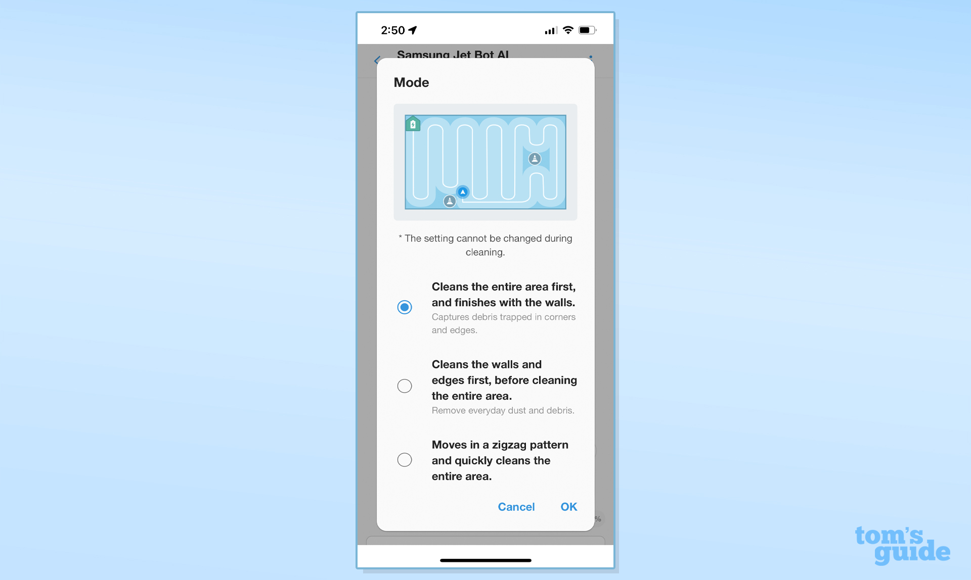 Samsung JetBot AI+ app mode settings