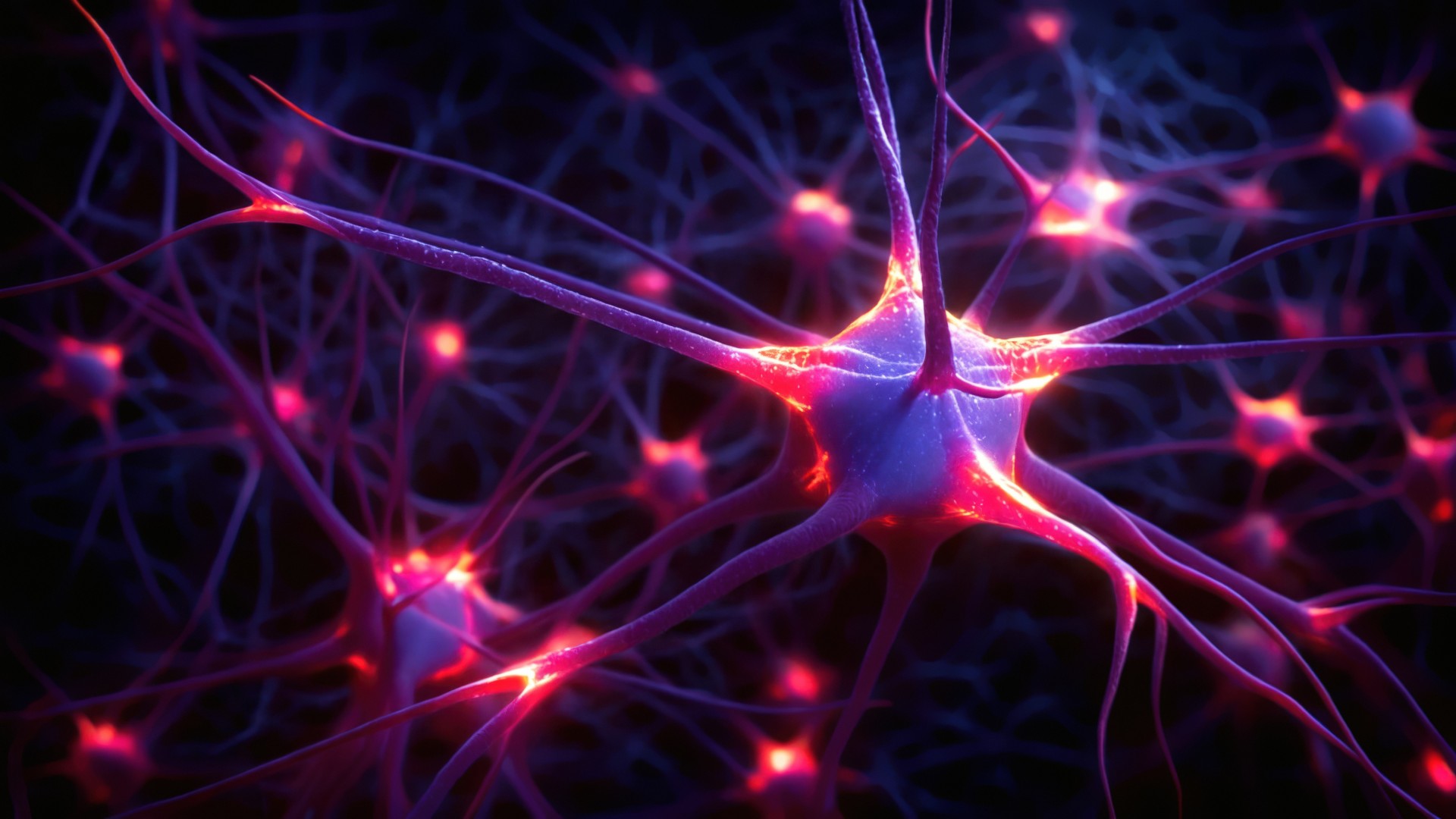 Artistic illustration of neurons in the brain. The neurons are shown in purple with bright red patches to signal transmission.