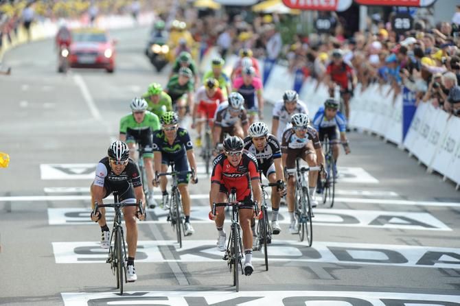 Fabian Cancellara (Trek) wins the sprint for second over Greg Van Avermaet (BMC)