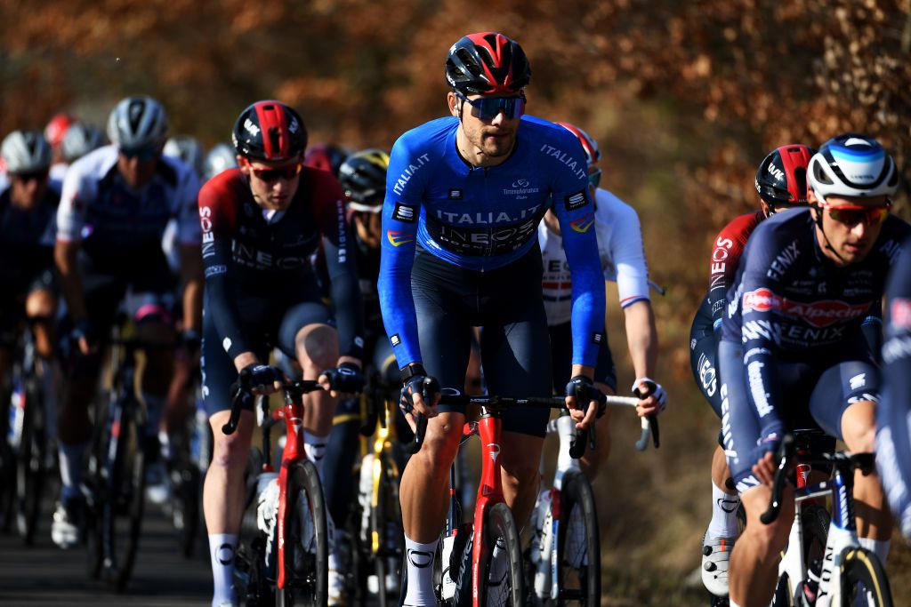 TERNI ITALY MARCH 09 Filippo Ganna of Italy and Team INEOS Grenadiers Blue Leader Jersey competes during the 57th TirrenoAdriatico 2022 Stage 3 a 170km stage from Murlo to Terni TirrenoAdriatico WorldTour on March 09 2022 in Terni Italy Photo by Tim de WaeleGetty Images