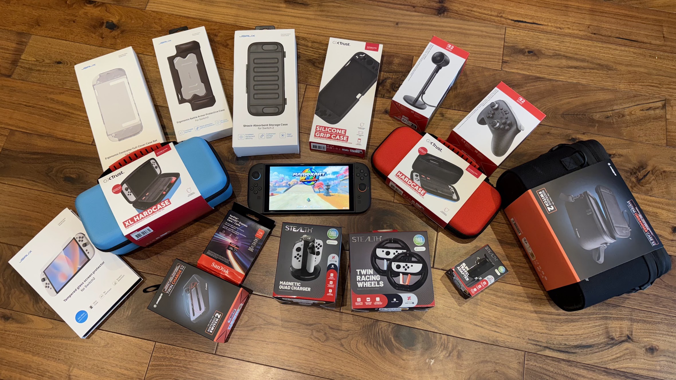A selection of Nintendo Switch 2 accessories on a wooden floor