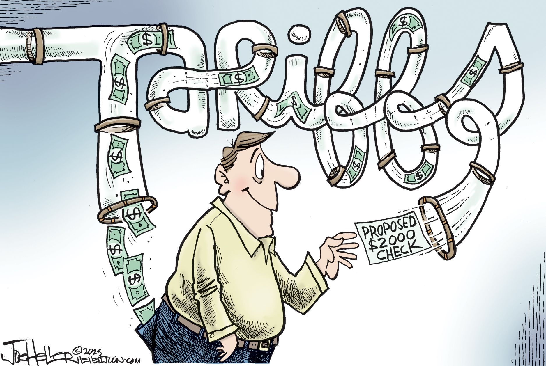 
                                A smiling man reaches up to grab a “Proposed $2000 check” that has come through a long, twisting and turning pipe that spells out the word “tariffs.” The man doesn’t see the beginning of the pipe, which is sucking the money out of his back pocket.
                            