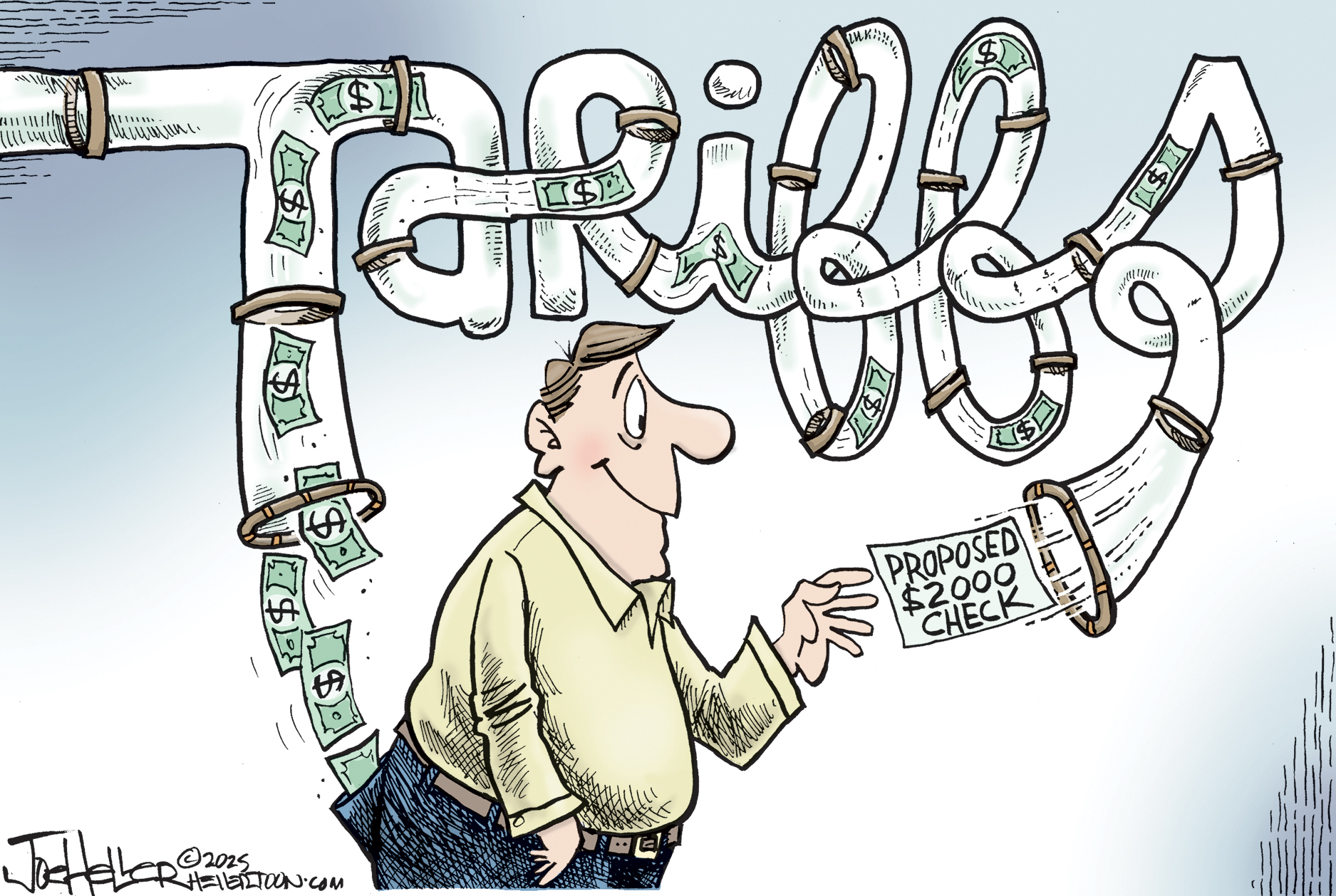 A smiling man reaches up to grab a &amp;ldquo;Proposed $2000 check&amp;rdquo; that has come through a long, twisting and turning pipe that spells out the word &amp;ldquo;tariffs.&amp;rdquo; The man doesn&amp;rsquo;t see the beginning of the pipe, which is sucking the money out of his back pocket.