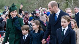 Catherine, Princess of Wales, Prince Louis, Princess Charlotte, Prince William and Prince George walk in Sandringham on Christmas morning 2024