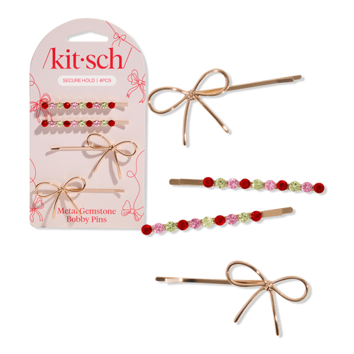 Metal Gemstone and Bow Bobby Pins 4 Piece Set
