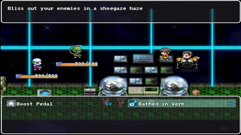 A band fighting aliens in turn-based battle