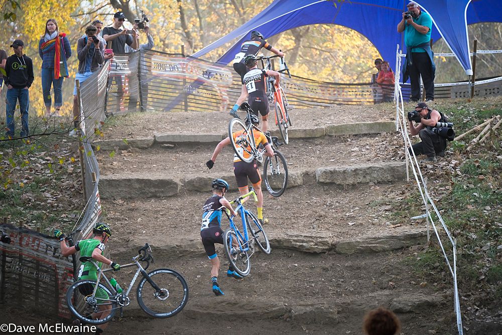Racers climb the steep limestone stairs on the Eva Bandman course