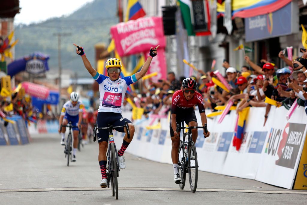 BOYACA COLOMBIA FEBRUARY 14 Arrival Sergio Andres Higuita Garcia of Colombia and Team EF Pro Cycling White Best Young Jersey Celebration Egan Arley Bernal Gomez of Colombia and Team INEOS Julian Alaphilippe of France and Team Deceuninck Quick Step during the 3rd Tour of Colombia 2020 Stage 4 a 1686km stage from Paipa to Santa Rosa de Viterbo Boyac 2751m TourColombiaUCI TourColombia2020 on February 14 2020 in Boyac Colombia Photo by Maximiliano BlancoGetty Images