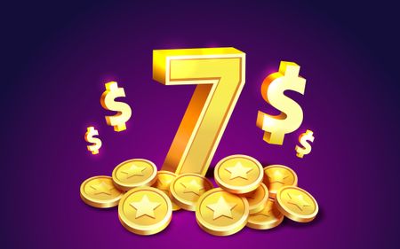 An illustration of a golden number seven with coins and dollar signs.