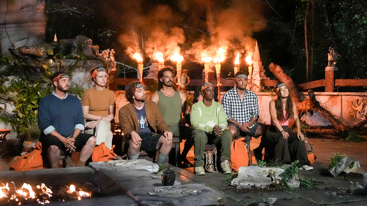 Survivor Episode 2, Season 50 sent Savannah, Ozzy, Cirie, Christian and more to tribal council with Jeff Probst. All their torches are lit and they are sitting by the fire. 