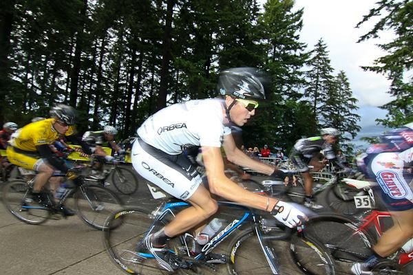 Rubicon-Orbea's Mike Northey, sporting the New Zealand U23 National Criterium Champion's jersey, rounds the 180-degree turn at the top of the course.