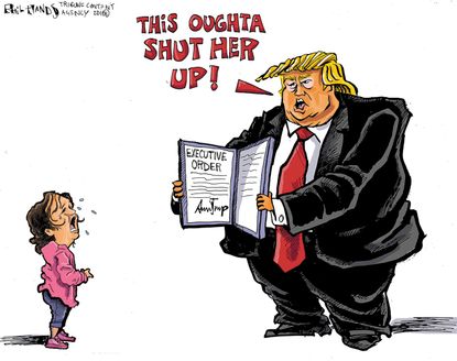 Political cartoon U.S. Trump crying girl family separation migrant children executive order