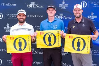 (L to R) Curtis Luck, Ryggs Johnston, and Marc Leishman hold up Open flags after qualifying for Royal Portrush in 2025