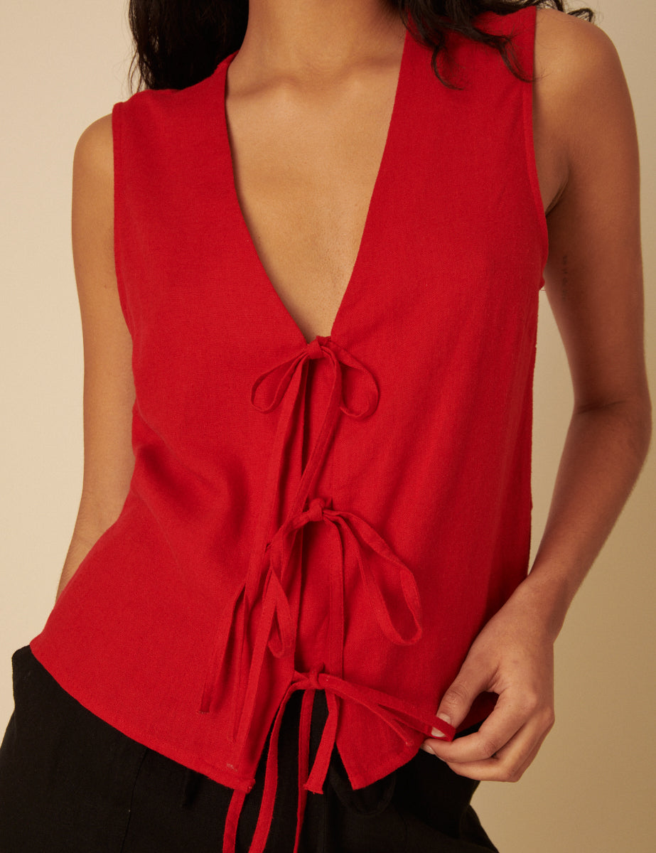 Red Linen-Blend Tie Front Sleeveless Top